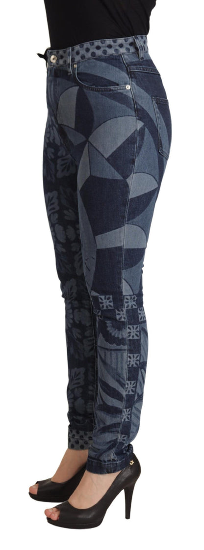 بنطال جينز أزرق ضيق بخصر مرتفع ومزين بنقشة زهور