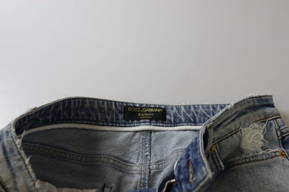 بنطلون جينز أزرق ضيق من القطن المطاطي بخصر منخفض