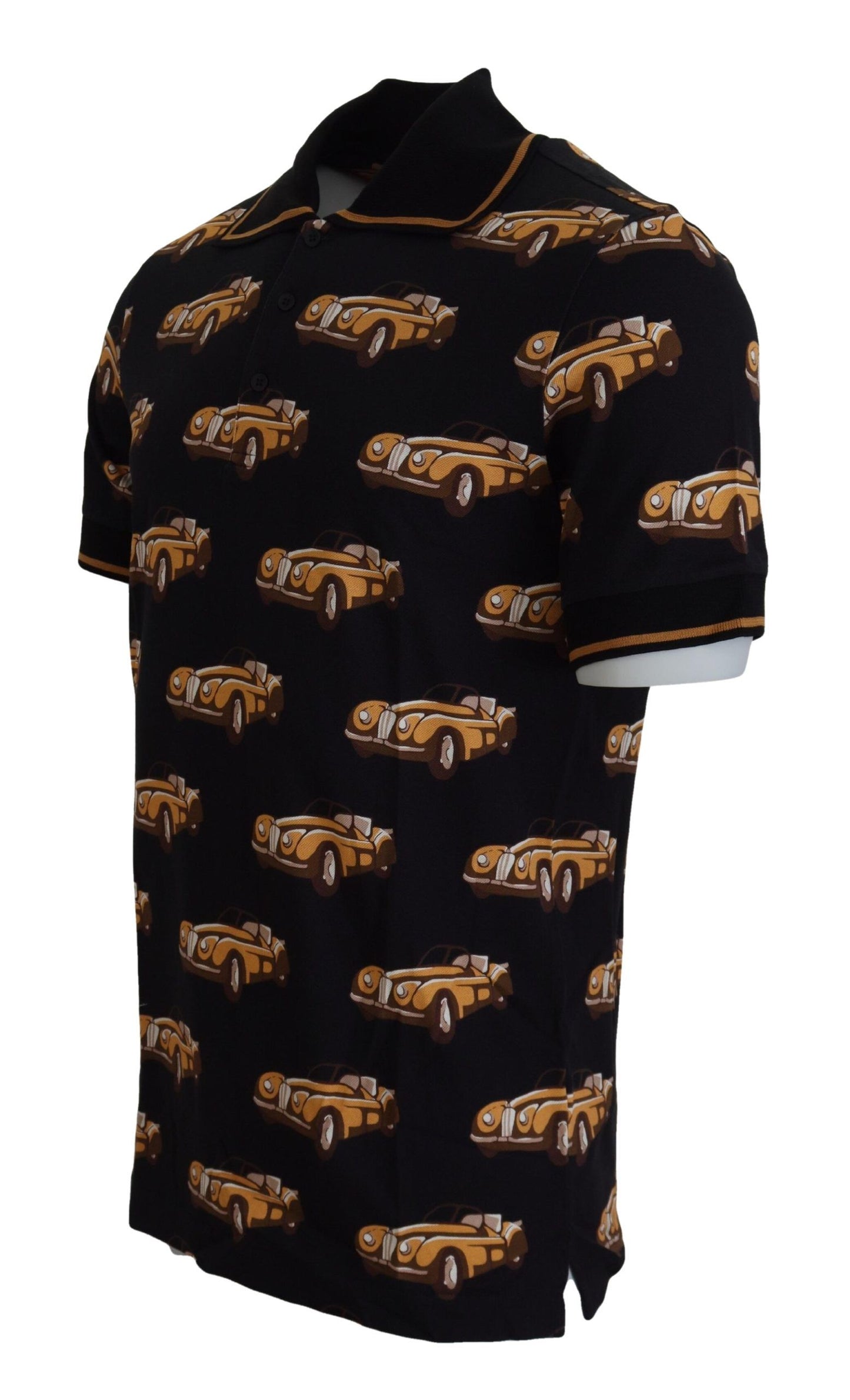 تي شيرت بولو أسود بأكمام قصيرة وطبعة سيارة