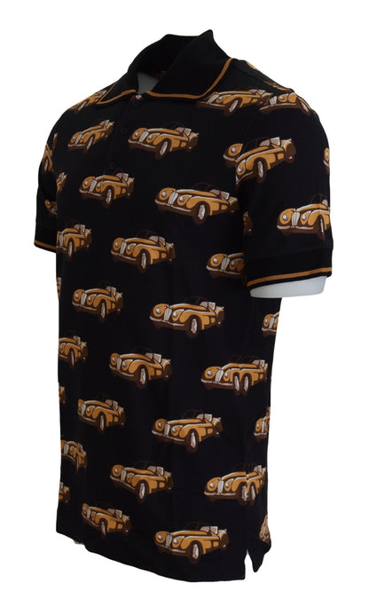 تي شيرت بولو أسود بأكمام قصيرة وطبعة سيارة