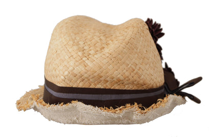 قبعة من القش مزينة بشريط أصفر وزهور