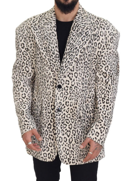 بليزر معطف أبيض بنقشة جلد النمر مع صف واحد من الأزرار