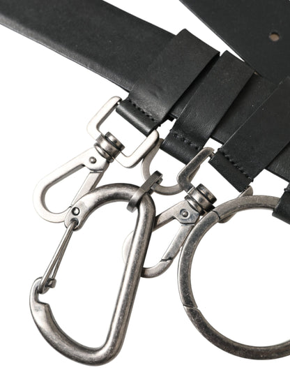 حزام من جلد العجل الأسود مع مشبك معدني فضي