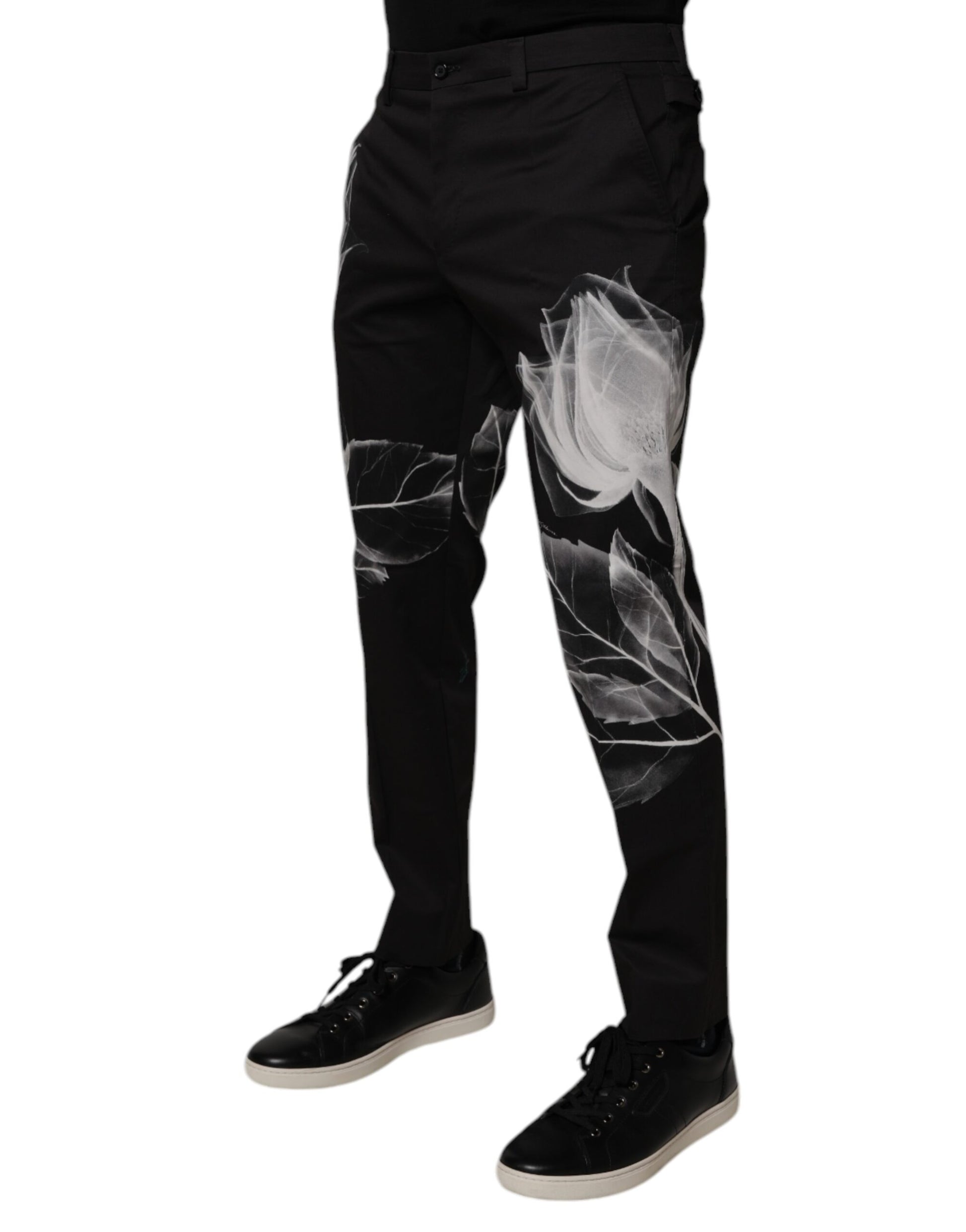 Black Cotton Floral Skinny Dress Pants