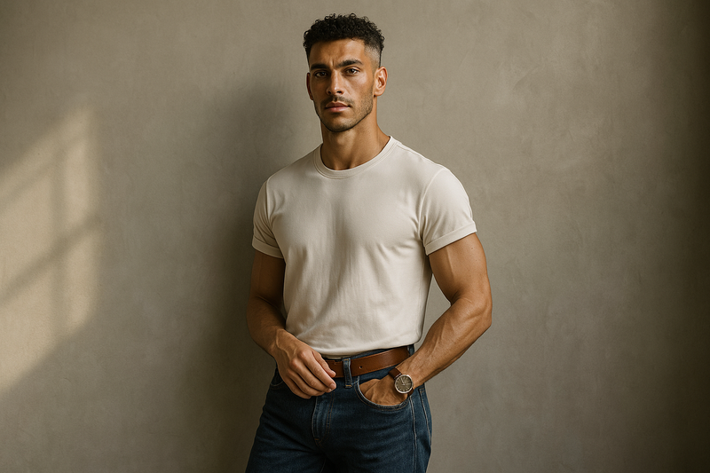 Man wearing a plain white t-shirt and dark jeans against a beige wall