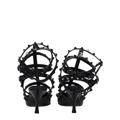 Black Leather Stiletto Heel Sandals
