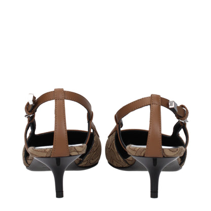 Beige Fabric Mid Heel Pumps