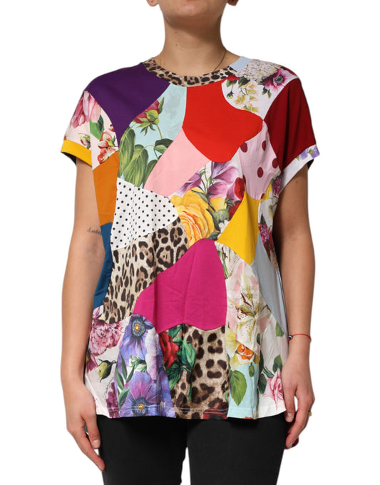 Flerfarvet patchwork bomuldssilke bluse top