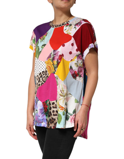 Flerfarvet patchwork bomuldssilke bluse top