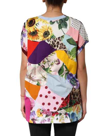 Flerfarvet patchwork bomuldssilke bluse top