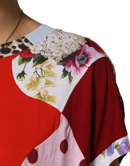 Flerfarvet patchwork bomuldssilke bluse top