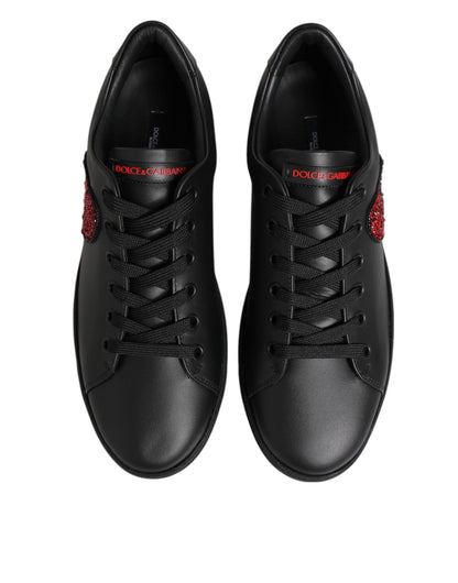 Black Leather Crystal Heart Low Top Sneakers Shoes