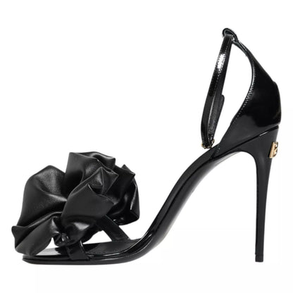 Black Leather Ankle Strap Heel Sandals Shoes