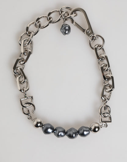 Silver Tone Chain Lobster Clasp Logo Gray Pearls Bracelet