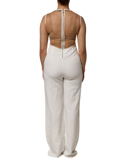 White Beige Mesh Crystal Embellished Sleeveless Jumpsuit
