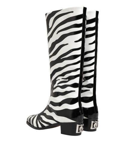 Black White Zebra Over The Calf Boots Shoes