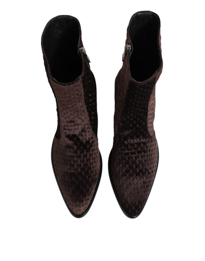 Brown Cotton Velvet Mid Calf Short Boots Shoes
