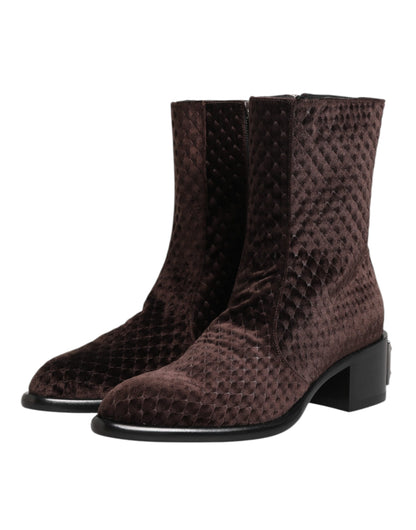 Brown Cotton Velvet Mid Calf Short Boots Shoes