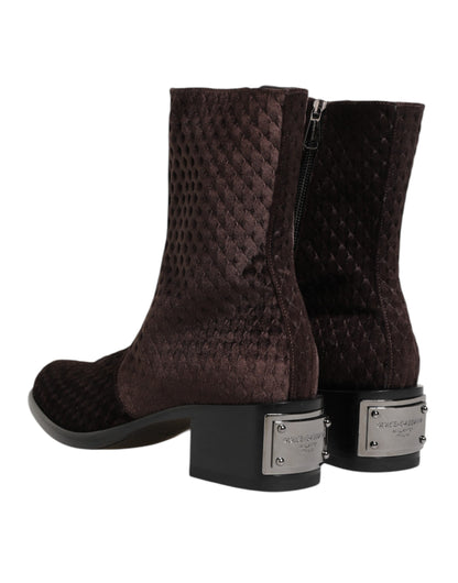 Brown Cotton Velvet Mid Calf Short Boots Shoes