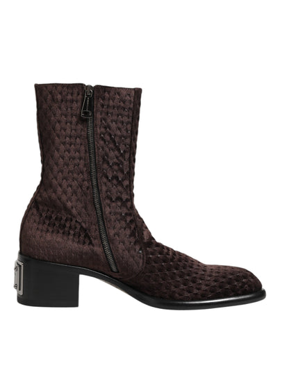Brown Cotton Velvet Mid Calf Short Boots Shoes