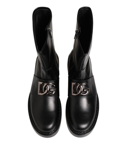 Black Logo Plaque Mid Calf Biker Boots Shoes