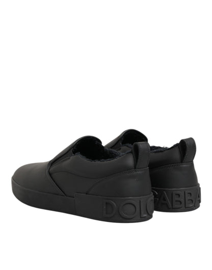 Black Leather Low Top Slip On Sneakers Shoes