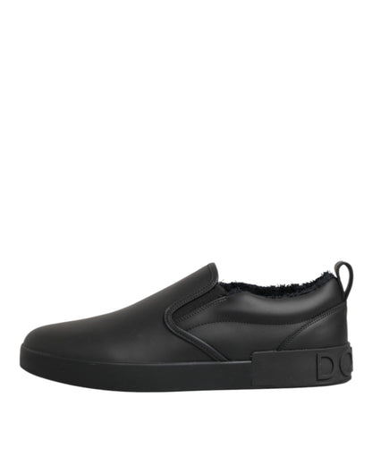Black Leather Low Top Slip On Sneakers Shoes