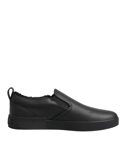 Black Leather Low Top Slip On Sneakers Shoes