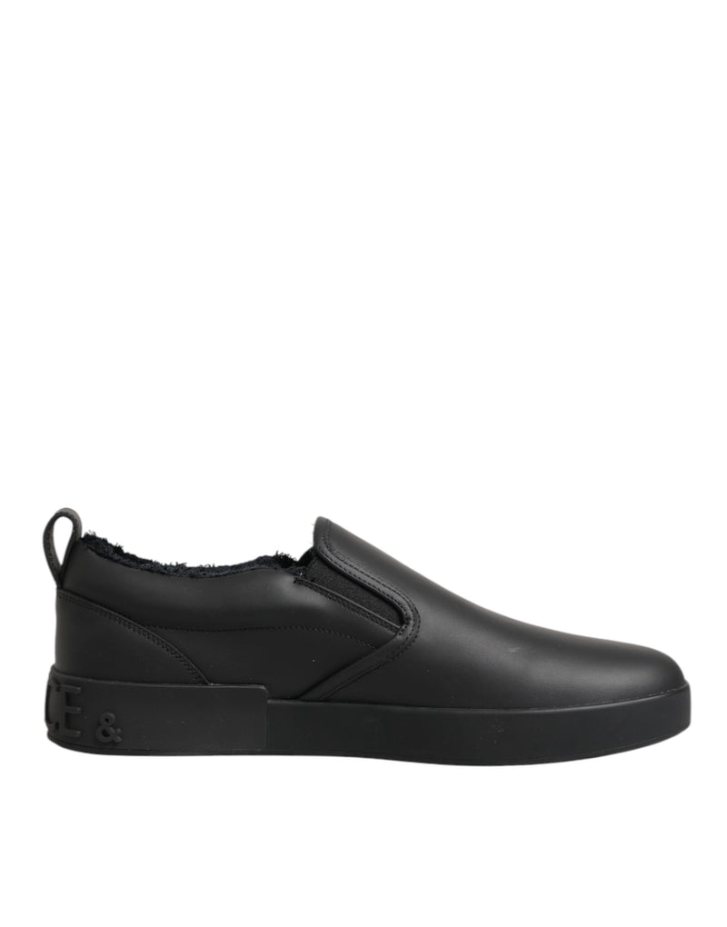 Black Leather Low Top Slip On Sneakers Shoes