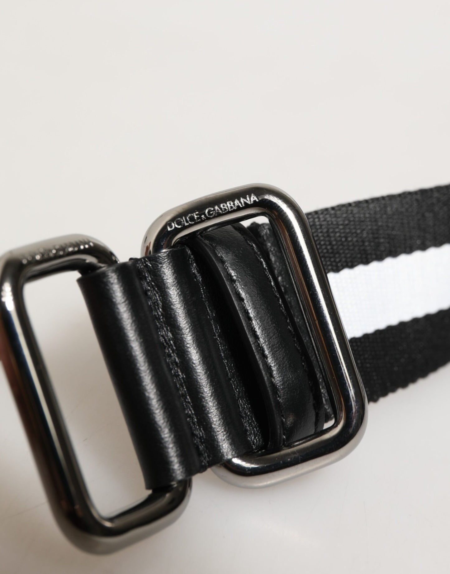 Black White Striped Logo Metal Buckle Belt