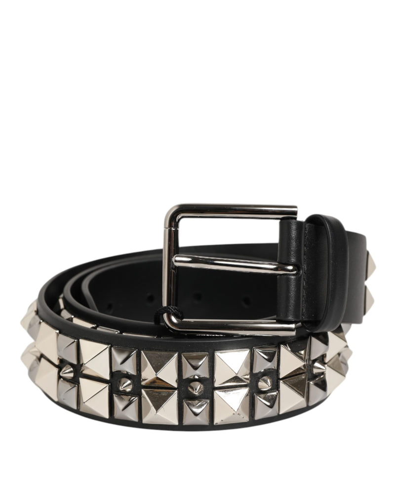 Black Calf Leather Studded Silver Buckle Belt