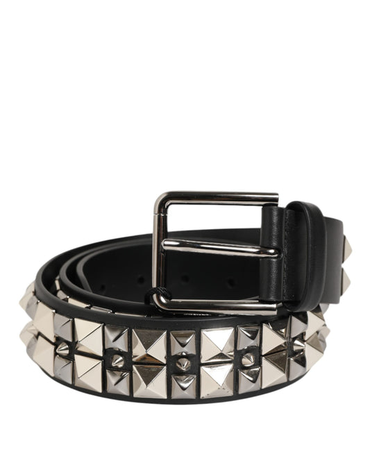 Black Calf Leather Studded Silver Buckle Belt