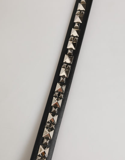 Black Leather Studded Silver-Tone Buckle Belt