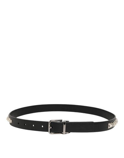 Black Leather Studded Silver-Tone Buckle Belt