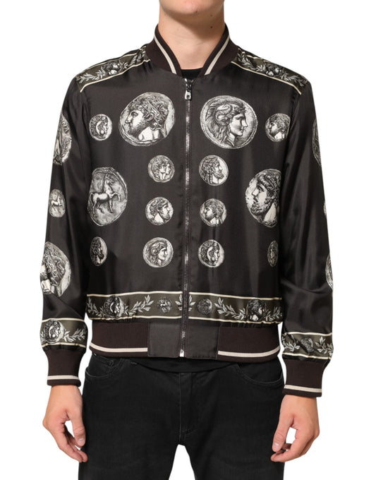 Black "Monete" Coin Print Silk Bomber Jacket