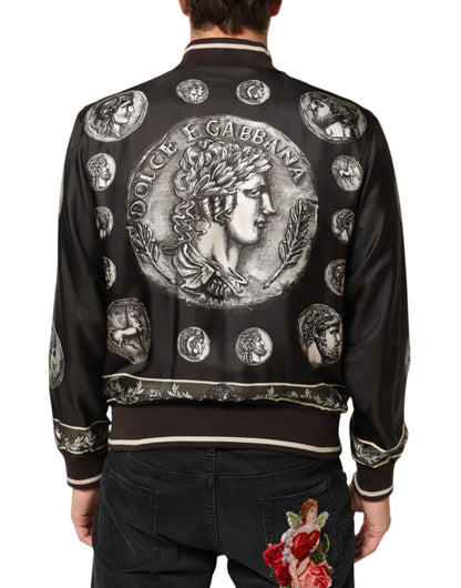 Black "Monete" Coin Print Silk Bomber Jacket
