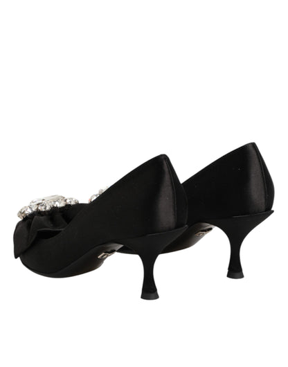 Black Satin Bow Crystal Embellishment Pumps Shoes