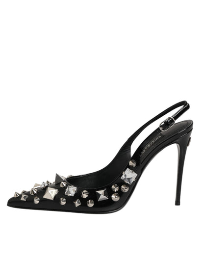 Black Studded Leather Heels Slingbacks Shoes