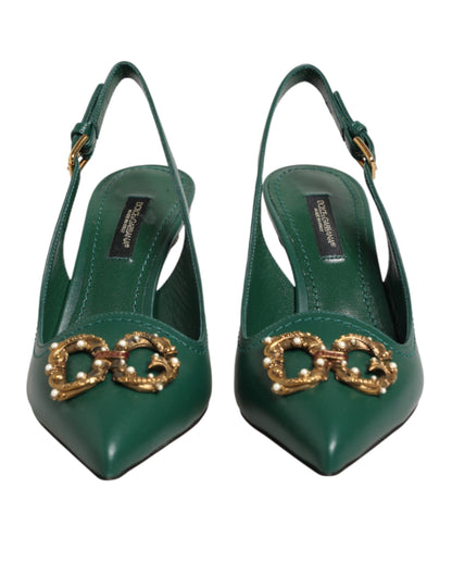 Green Leather AMORE Heels Slingbacks Shoes