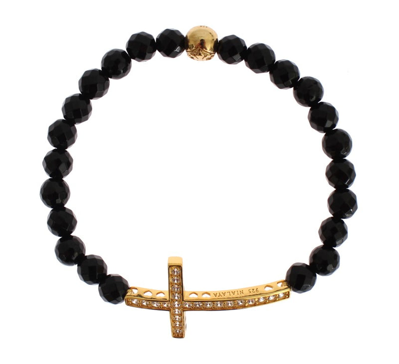 Agate Stone Gold CZ Cross 925 Silver Bracelet-Nialaya-LabelTerrace.com