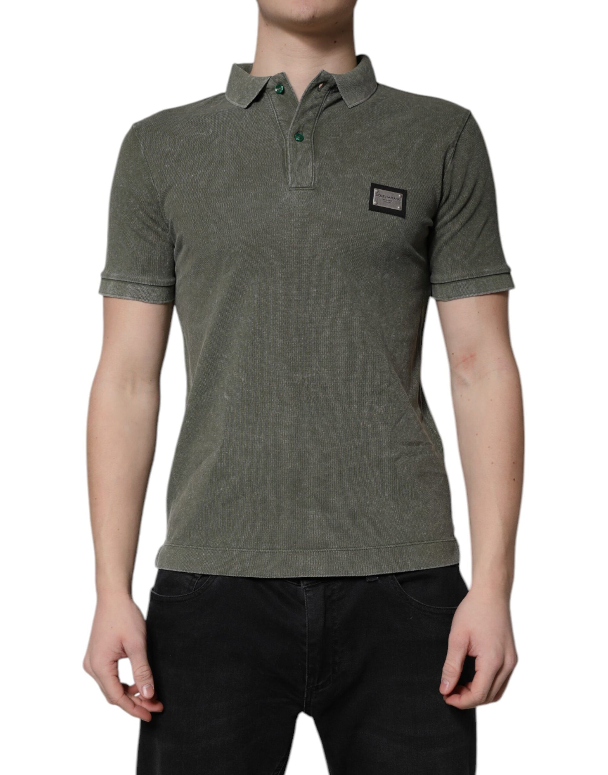 Army Green Logo Plaque Cotton Polo Shirt T-shirt-Dolce & Gabbana-LabelTerrace.com