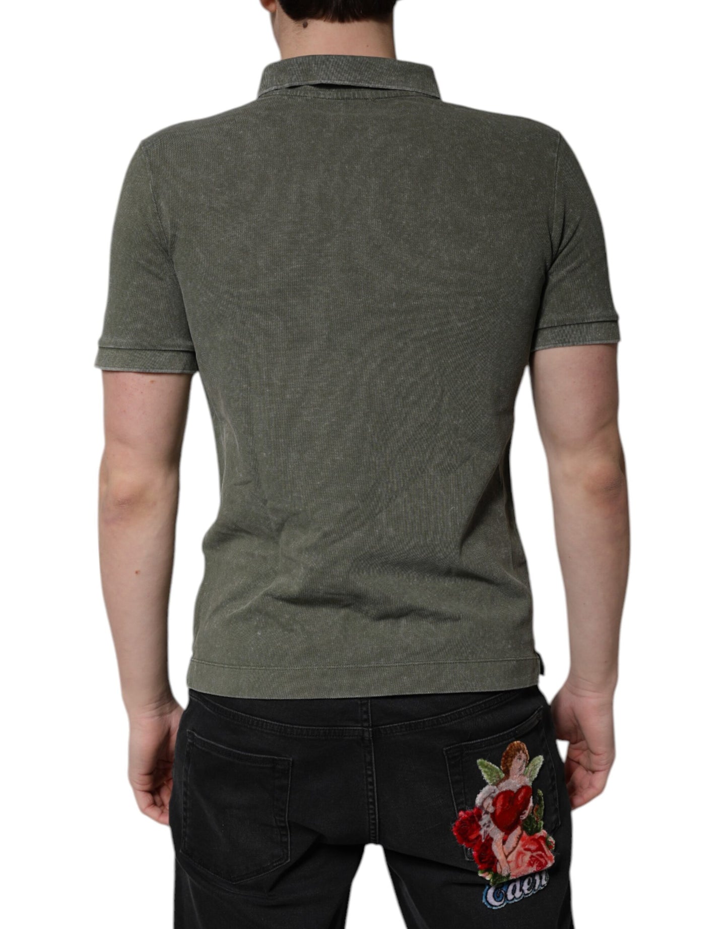 Army Green Logo Plaque Cotton Polo Shirt T-shirt-Dolce & Gabbana-LabelTerrace.com