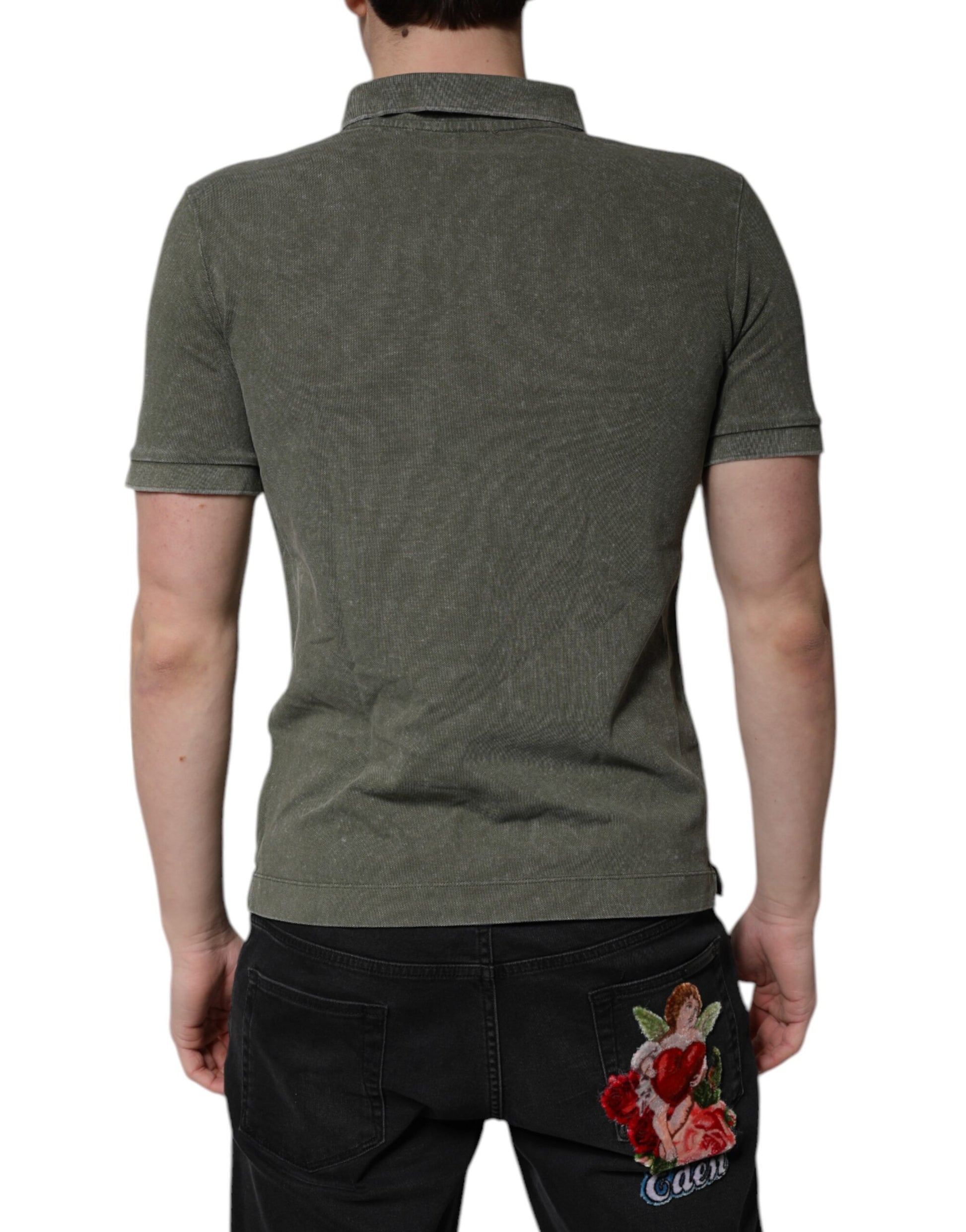 Army Green Logo Plaque Cotton Polo Shirt T-shirt-Dolce & Gabbana-LabelTerrace.com