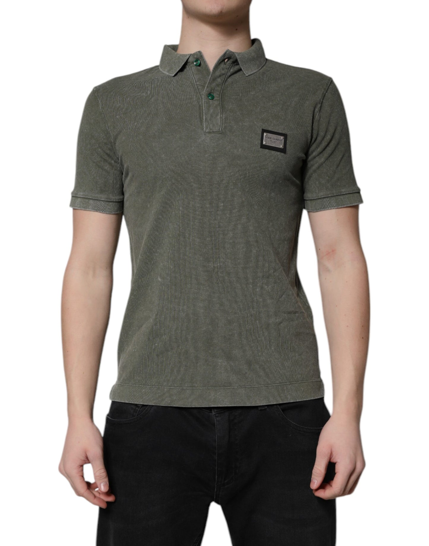Army Green Logo Plaque Cotton Polo Shirt T-shirt-Dolce & Gabbana-LabelTerrace.com