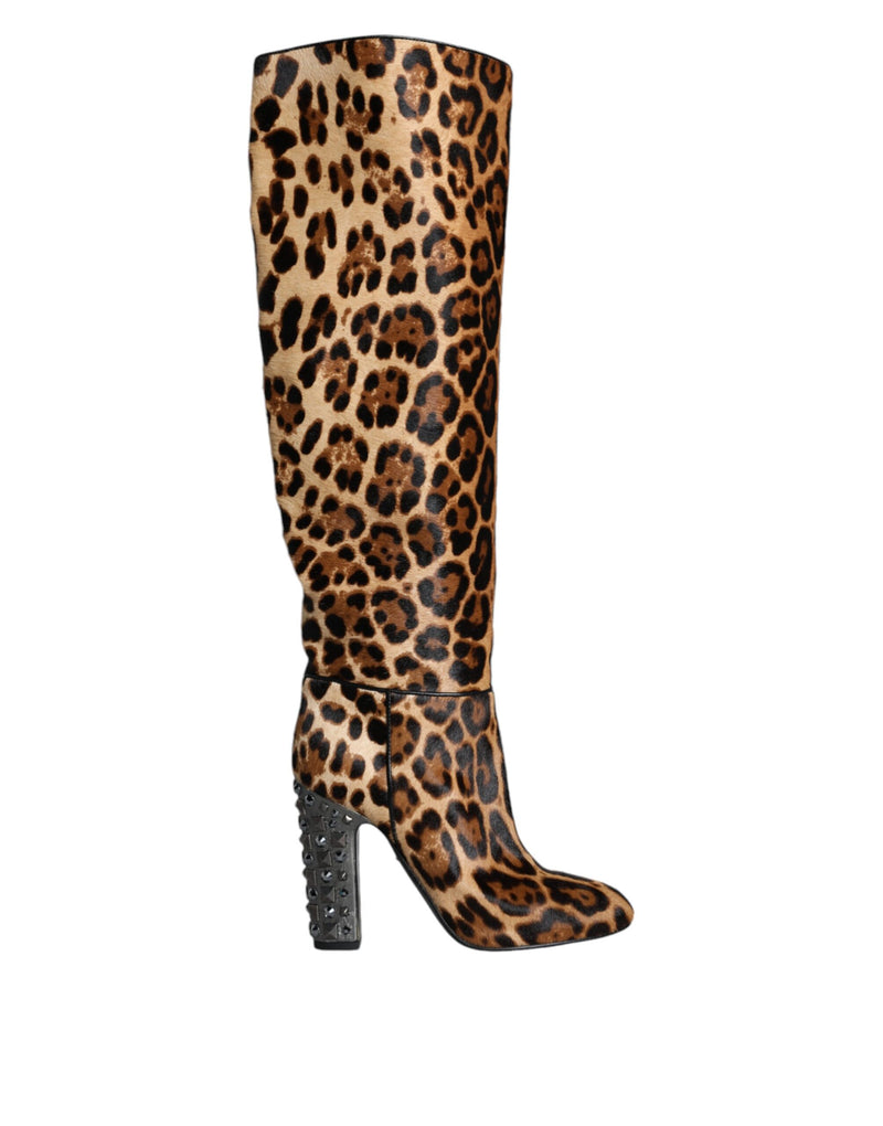 Beige Black Leopard Knee High Boots Shoes-Dolce & Gabbana-LabelTerrace.com