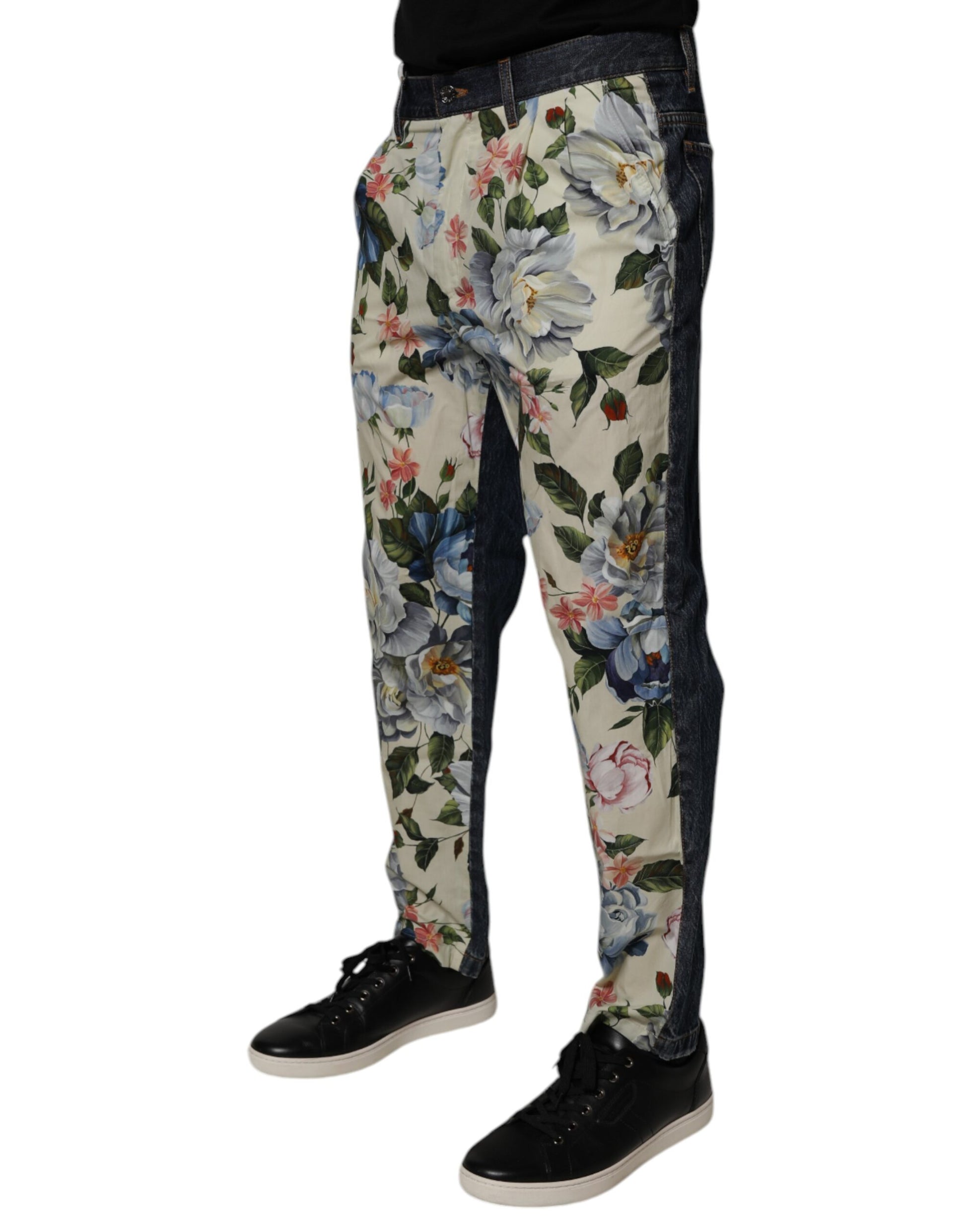 Beige Blue Floral Cotton Men Denim Jeans-Dolce & Gabbana-LabelTerrace.com