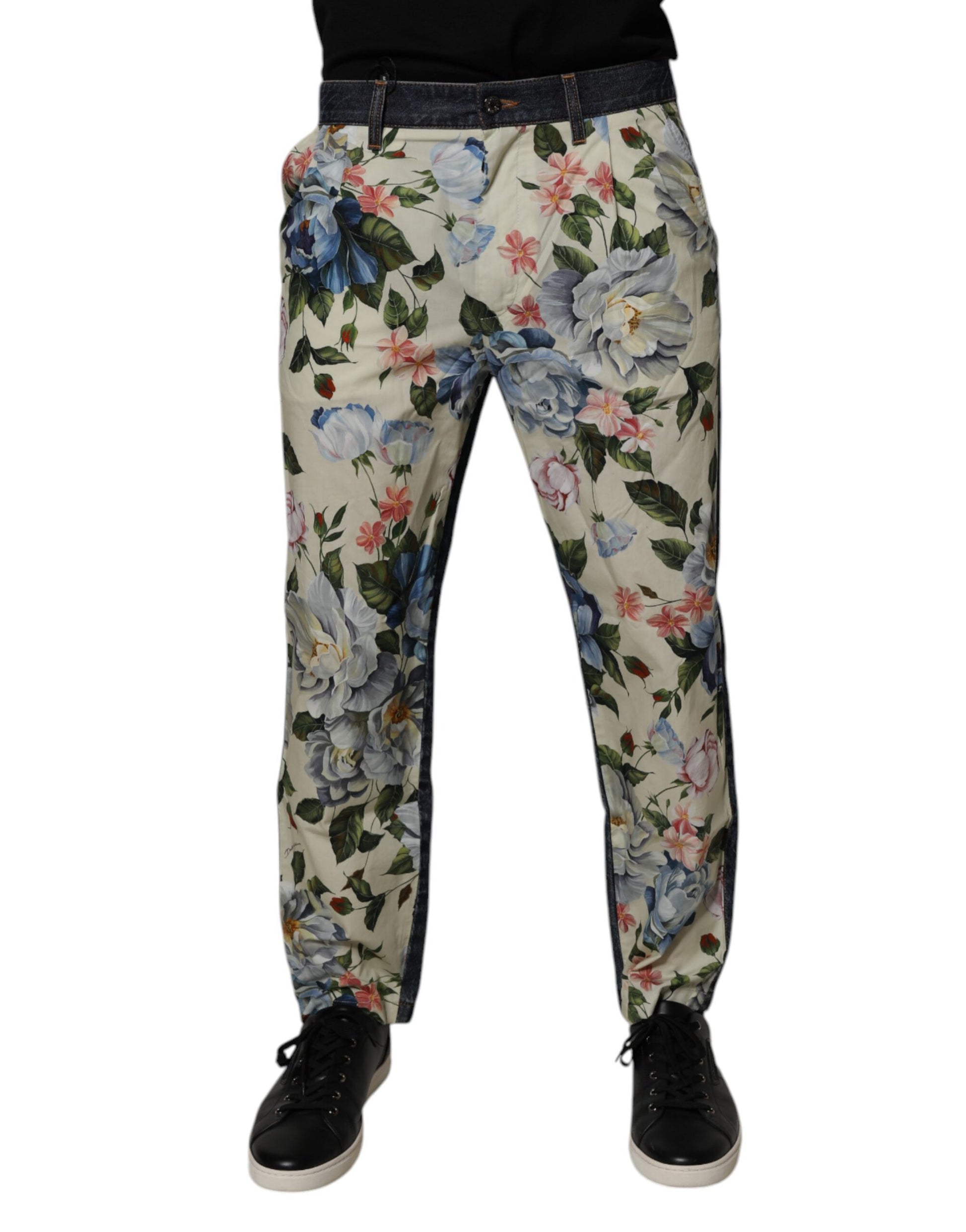 Beige Blue Floral Cotton Men Denim Jeans-Dolce & Gabbana-LabelTerrace.com