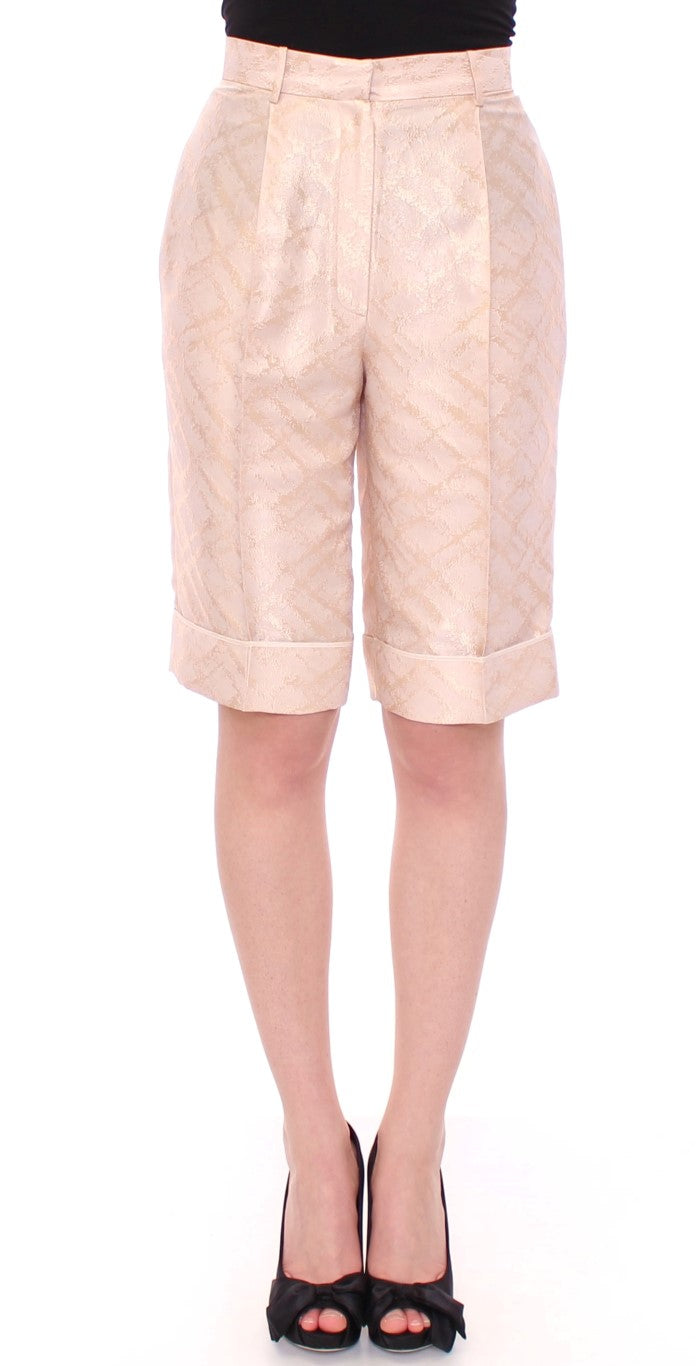 Beige Brocade Above Knee Shorts-Zeyneptosun-LabelTerrace.com