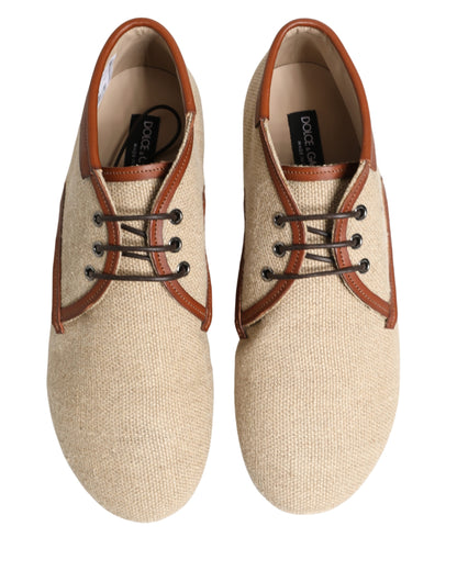 Beige Canvas Lace-Up Men Dress Derby Shoes
