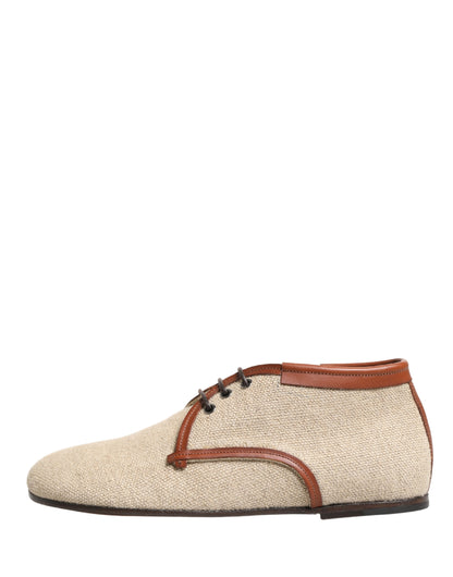 Beige Canvas Lace-Up Men Dress Derby Shoes